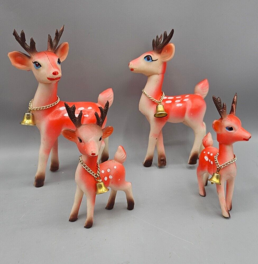 4 Rare Vintage Christmas Reindeer Family Plastic w/Bell Made in Japan Red?
