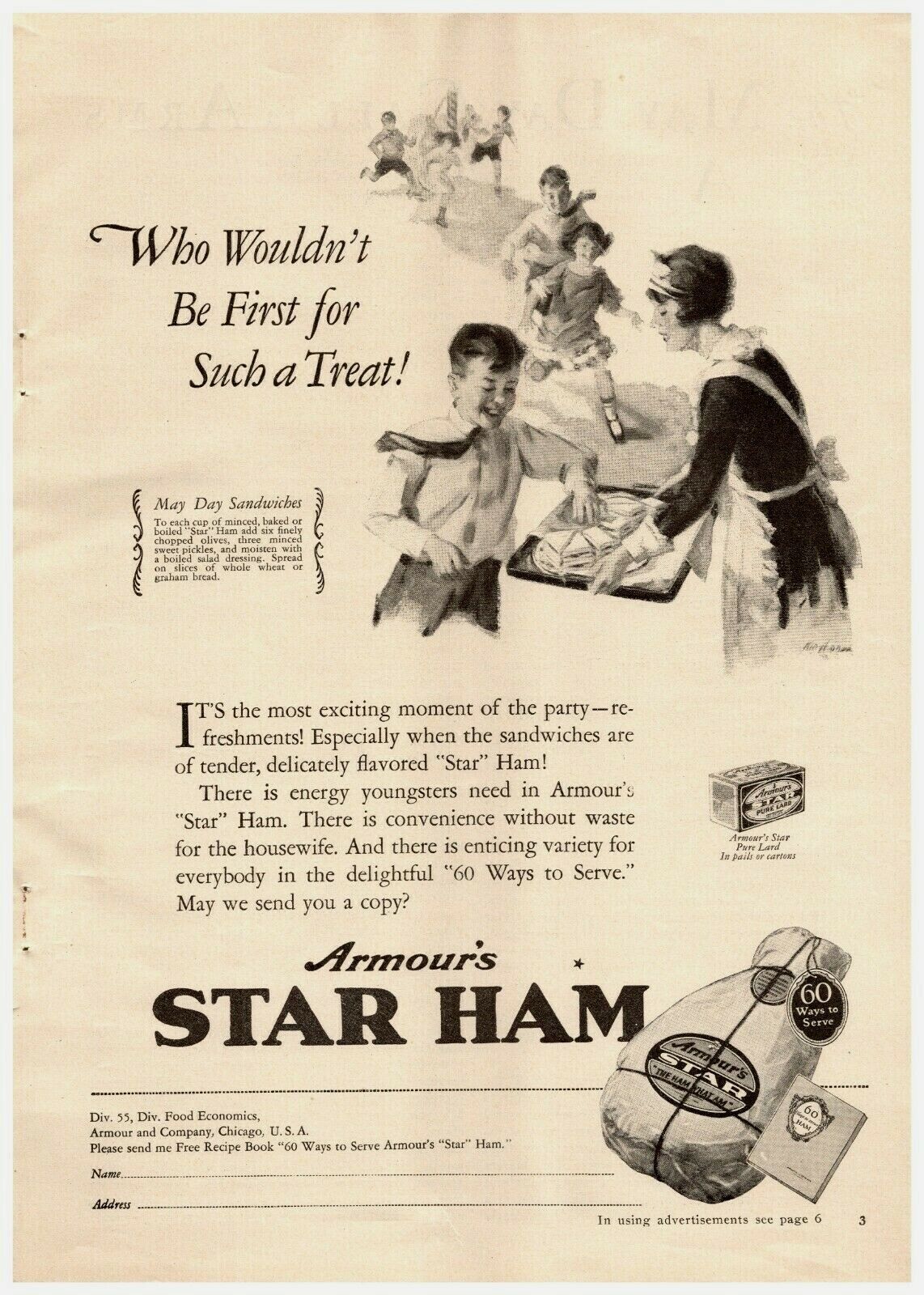 1926 Armour's Star Ham Vintage Print Ad May Day Sandwiches Boys And Girls