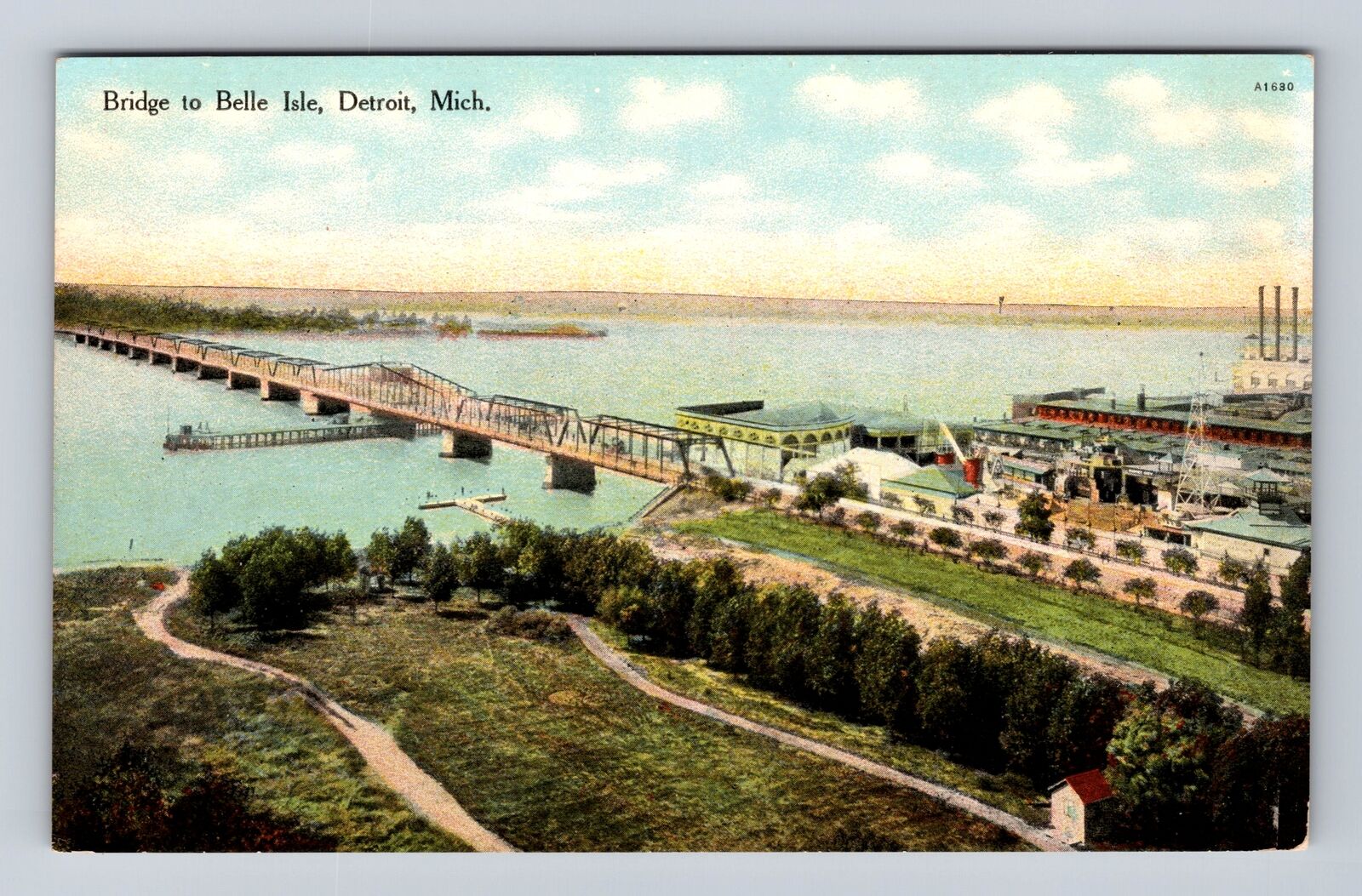 Detroit MI-Michigan, Aerial Bridge To Belle Isle, Antique, Vintage Postcard