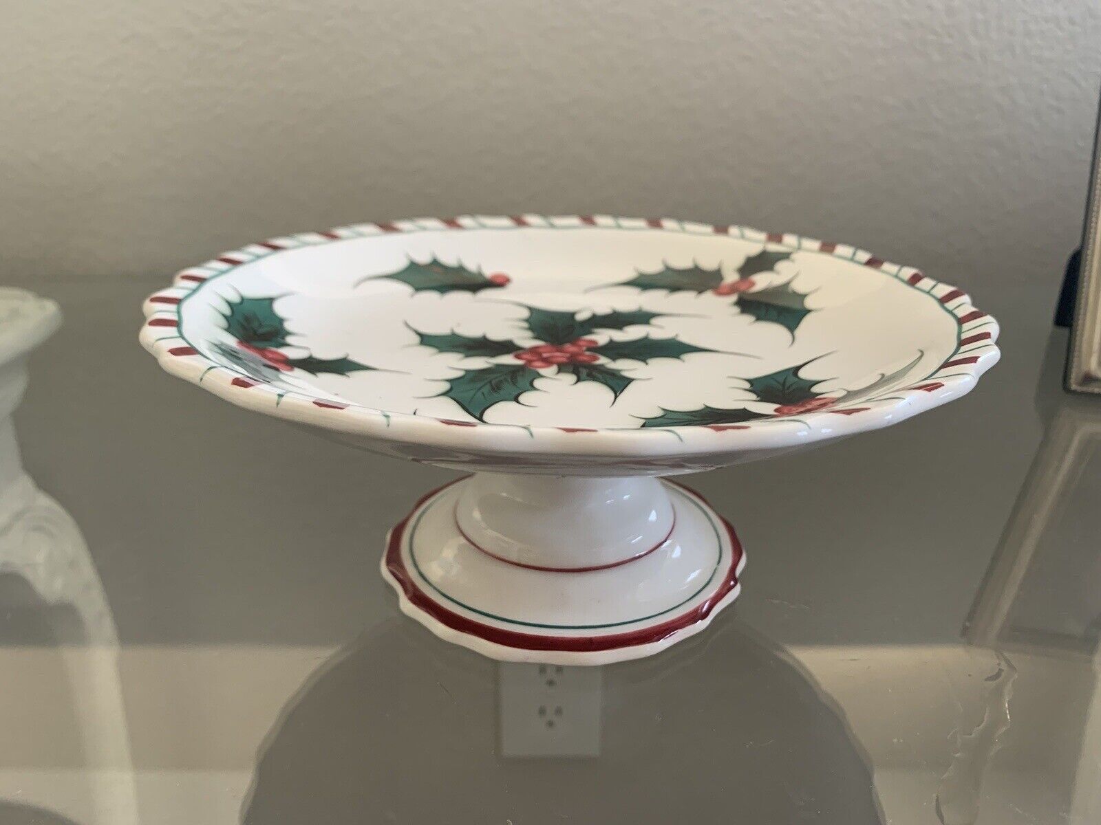 Vintage Lefton Christmas Holly Berry  Holiday Candy Cane Pedestal Dish