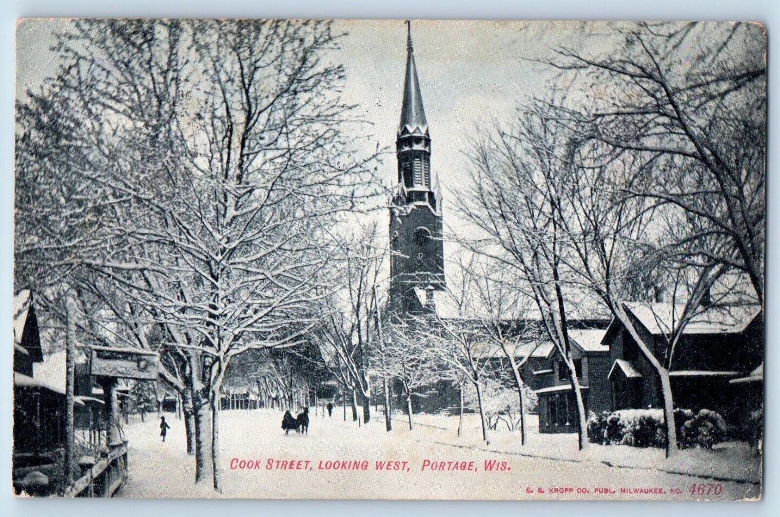 Portage Wisconsin WI Postcard Cook Street Looking West Winter Scene 1908 Antique