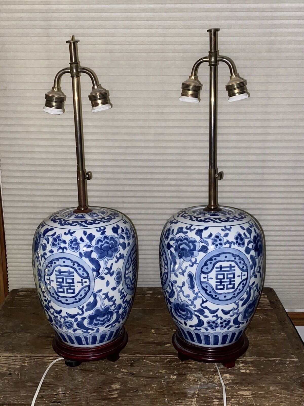 2 Vintage Chinese Ginger Jar Lamps Blue & White Double Happiness