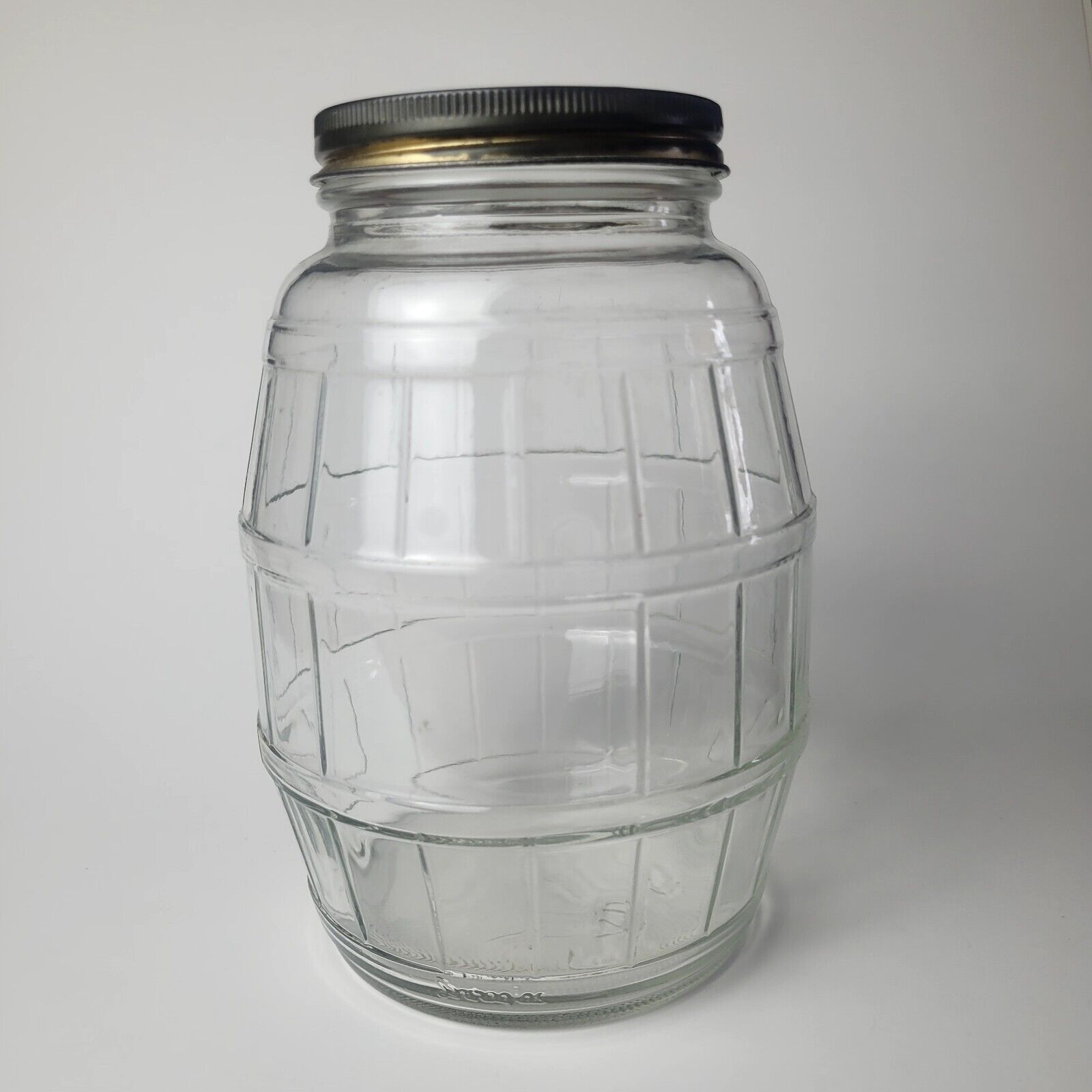 Vintage Duraglass Thick Glass Barrel General Store Pickle Jar & Lid 7-3/4\