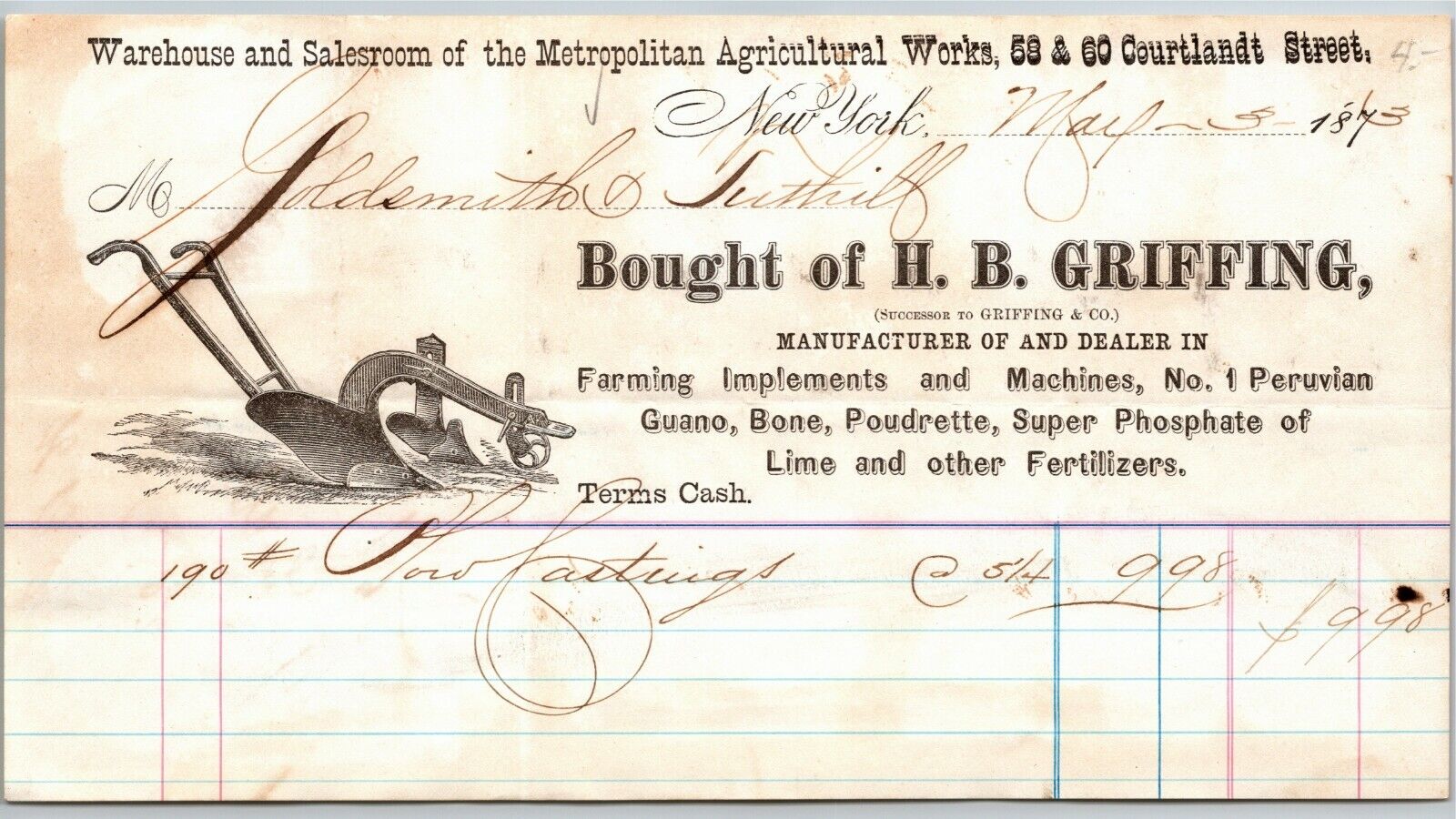 NY, NY Courtland St. 1873 Letterhead Billhead H.B. Griffing Farming Implements