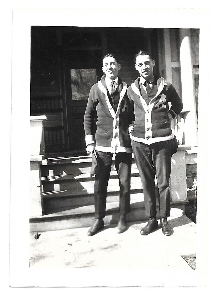 Dapper Men Wearing Matching Varsity Cardigans, Vintage Snapshot Photo