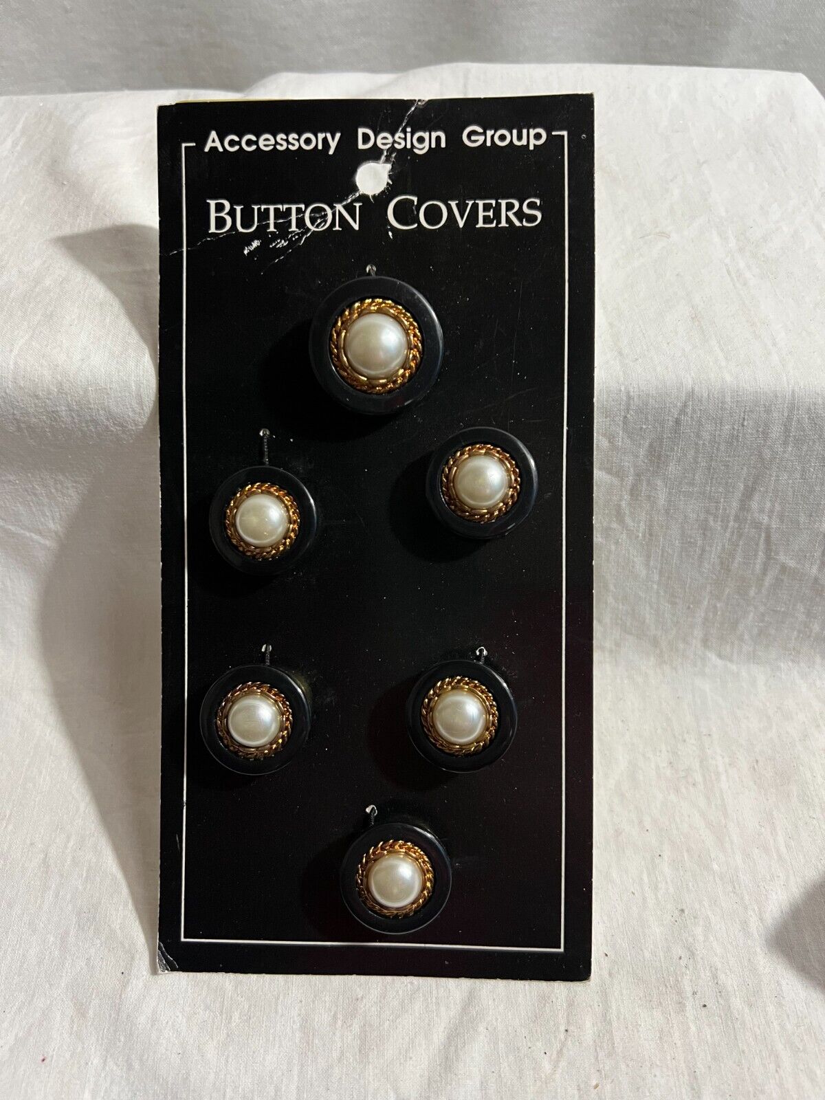 VGT 80s New Old Stock Set/6 Buttons Covers Snaps Black Faux Pearls Copper Trim