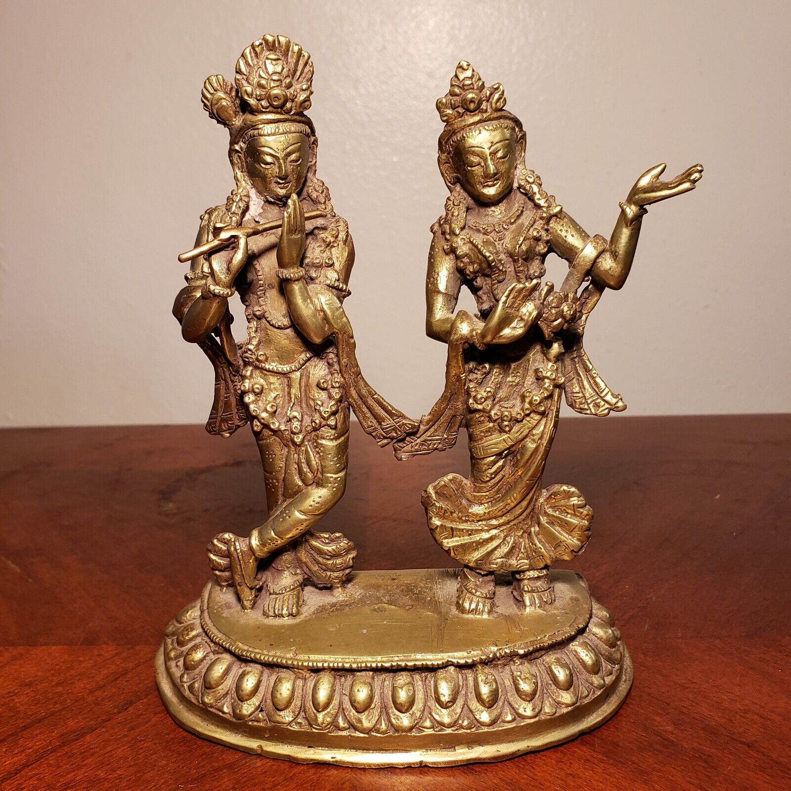 Vintage Heavy Solid Brass Ornate Radha Krishna Statue