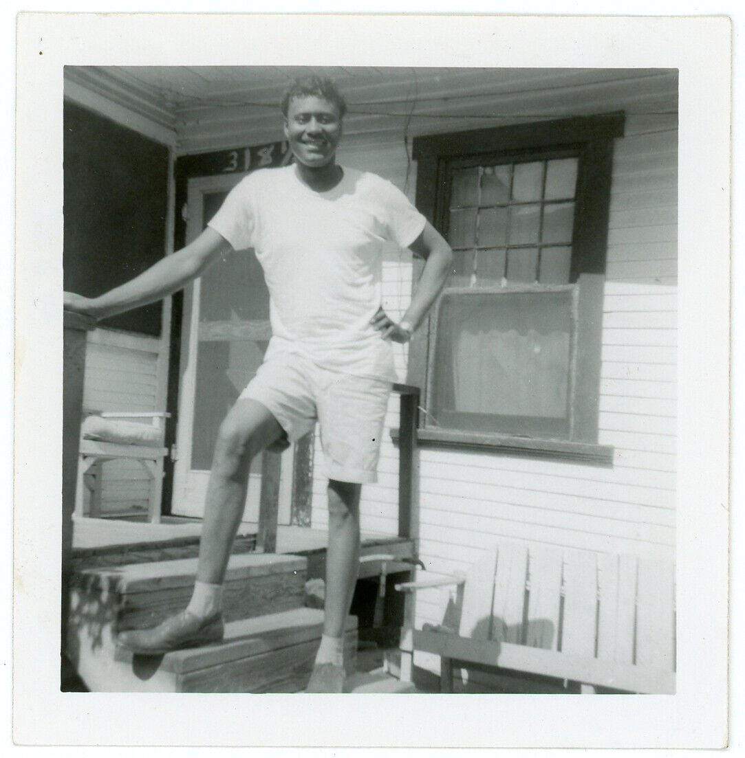Smiling Man on Porch White Shirt & Shorts Vintage Snapshot Photo House Home 50
