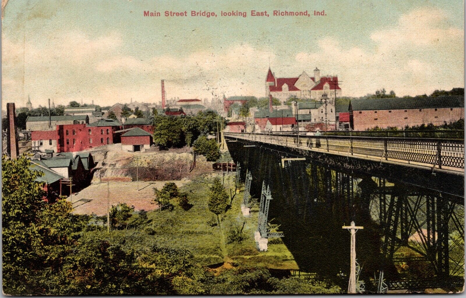 1909 Antique Postcard Richmond Indiana Main Street Bridge looking East IN IND