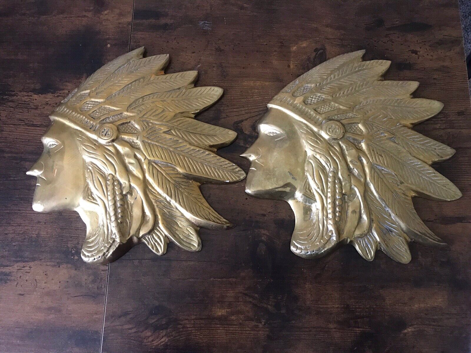 2 Vintage Brass Native American Indian Profile Head Wall Plaque 10”