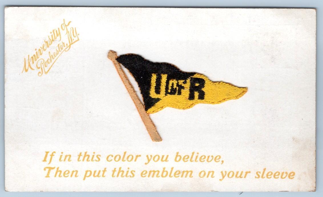 1907 UNIVERSITY OF ROCHESTER NY EMBROIDERED U of R BLACK & GOLD PENNANT POSTCARD