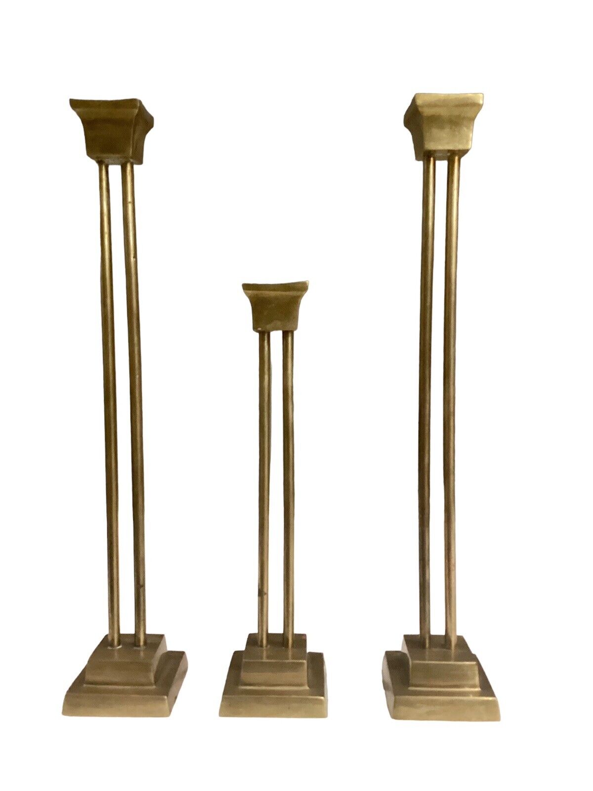 Vintage Brass Candlestick Holders Set Of 3 Solid Brass Unique Dual Rod Shape MCM