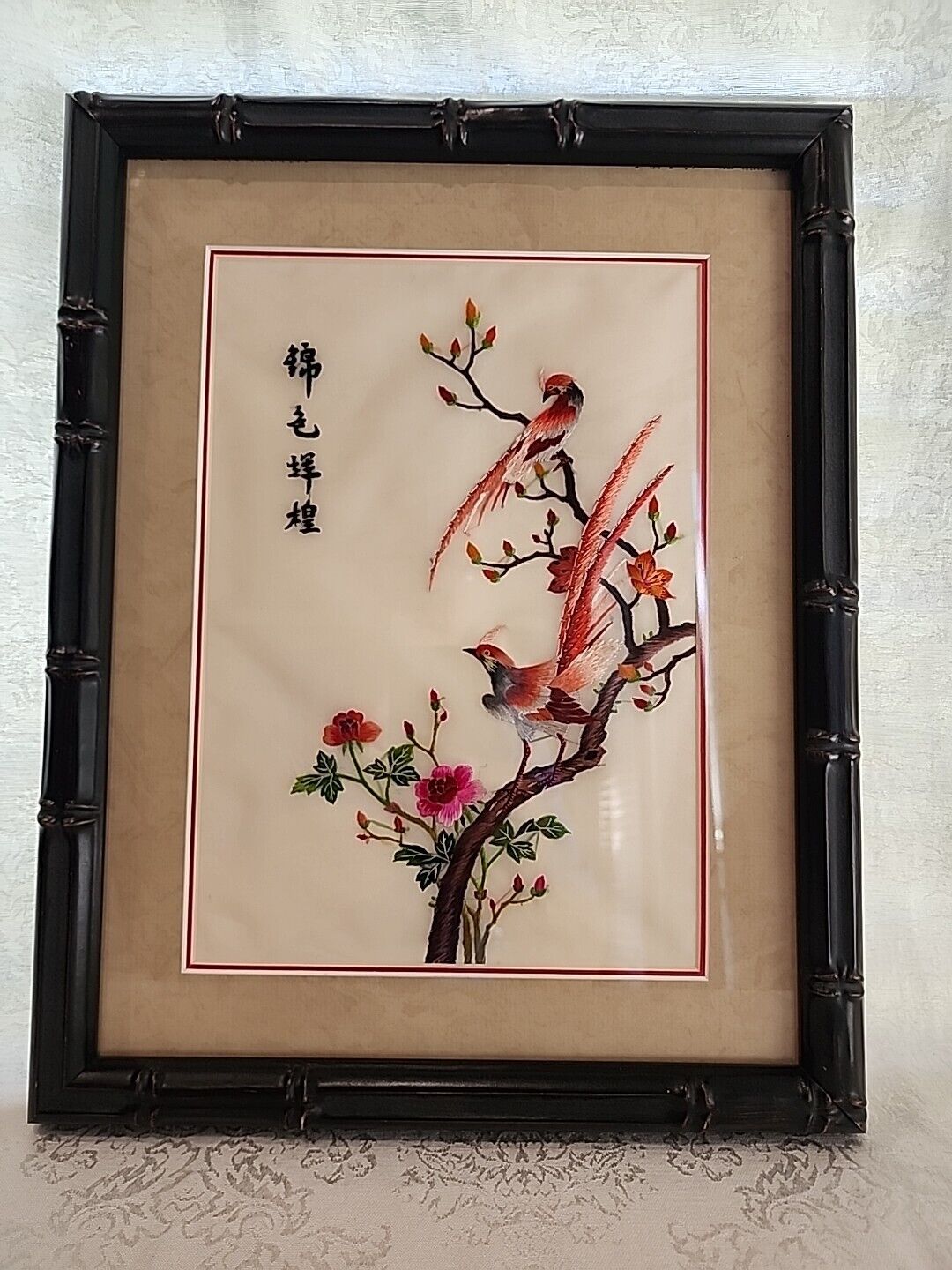 Vintage Chinese Silk Embroidered Beautiful  Birds Framed Art ,16.5\