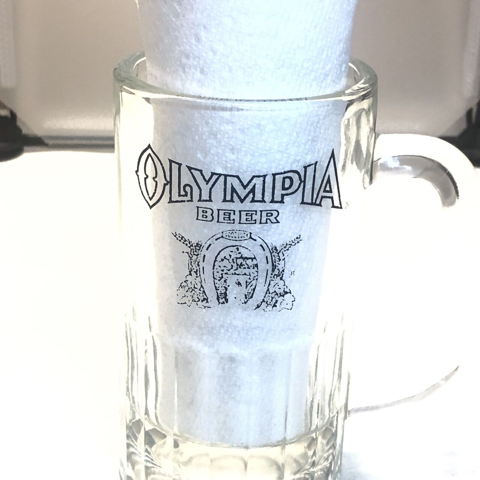 Vintage Olympia Beer Heavy 12 Oz Glass Stein Mug Black Font