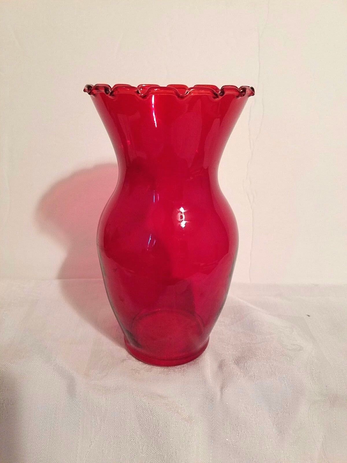 Vintage Ruby Red Glass Vase Ruffled Rim 7\