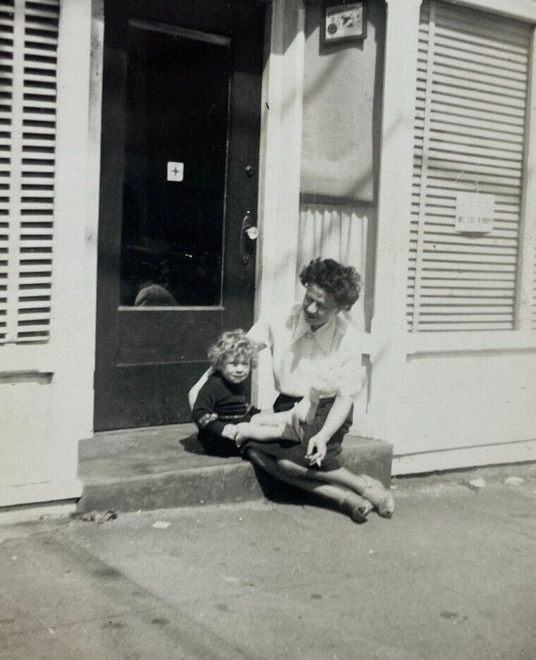 Smoking Woman Sitting With Child On Business Step B&W Photograph 3.5 x 5