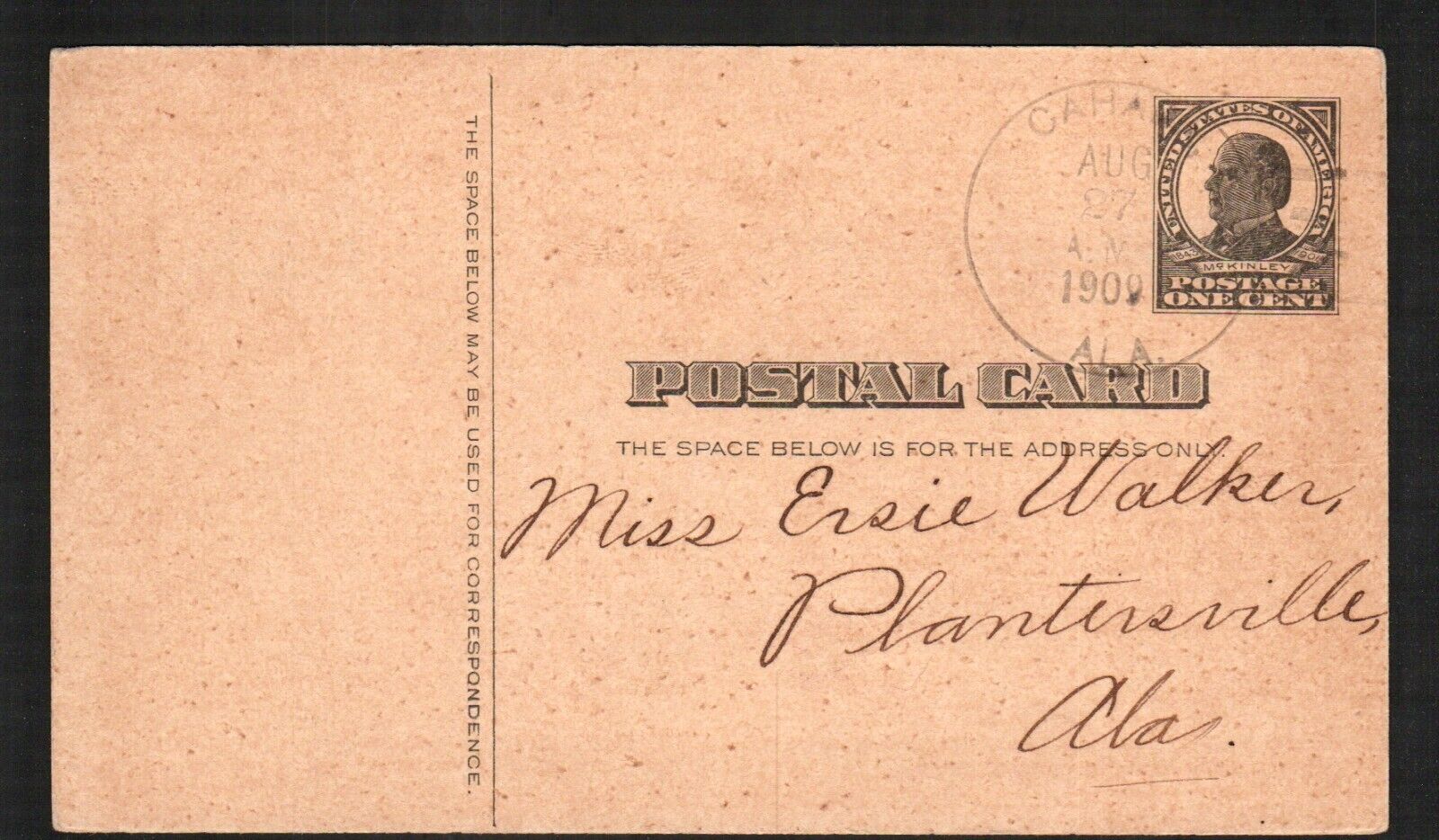 Old Postcard Postal Card McKinley Postage Alabama 1909 Cancel