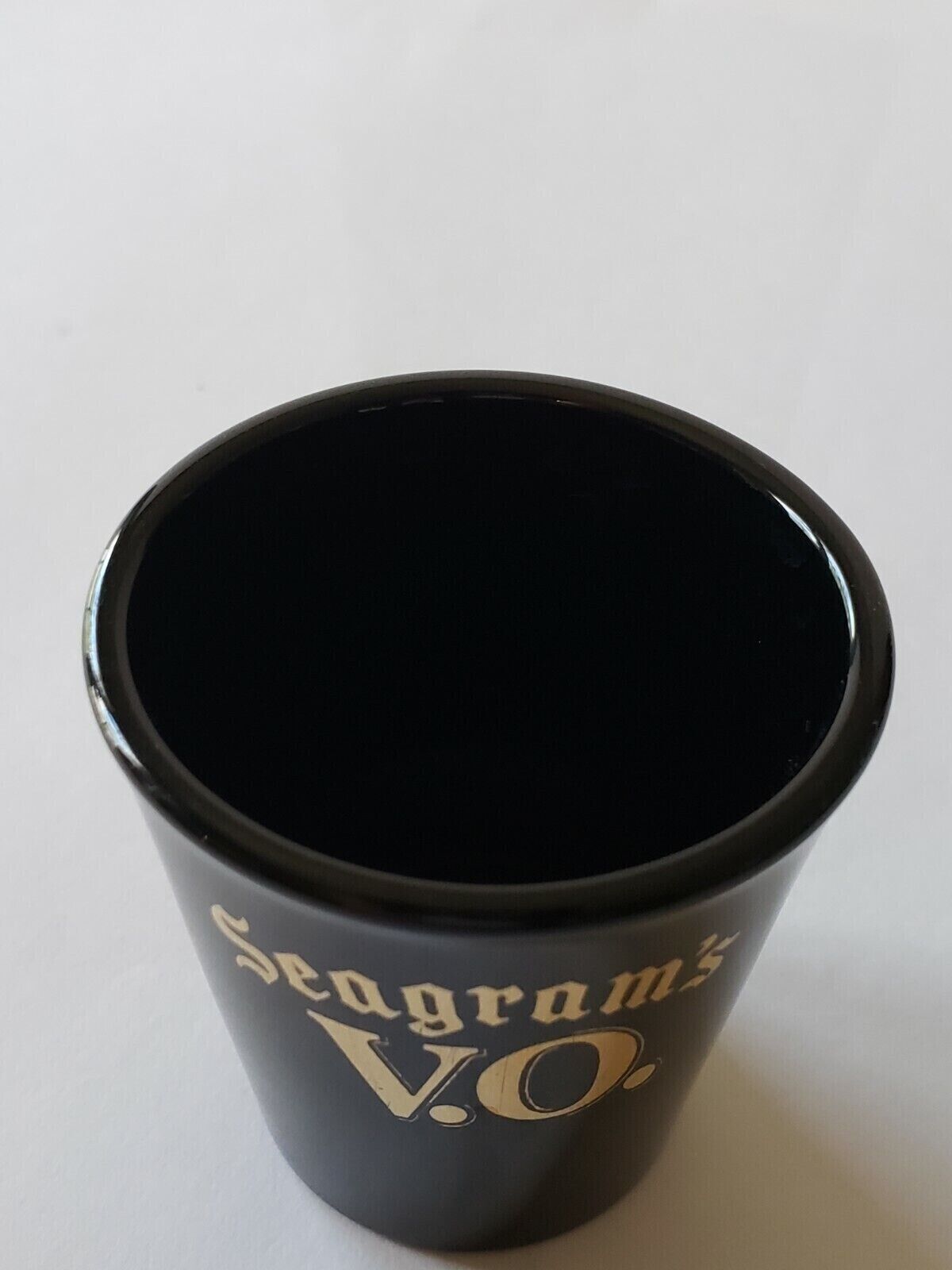 Seagrams V.O.- Black Glossy Shot Glass w/ Gold Letters- excellent