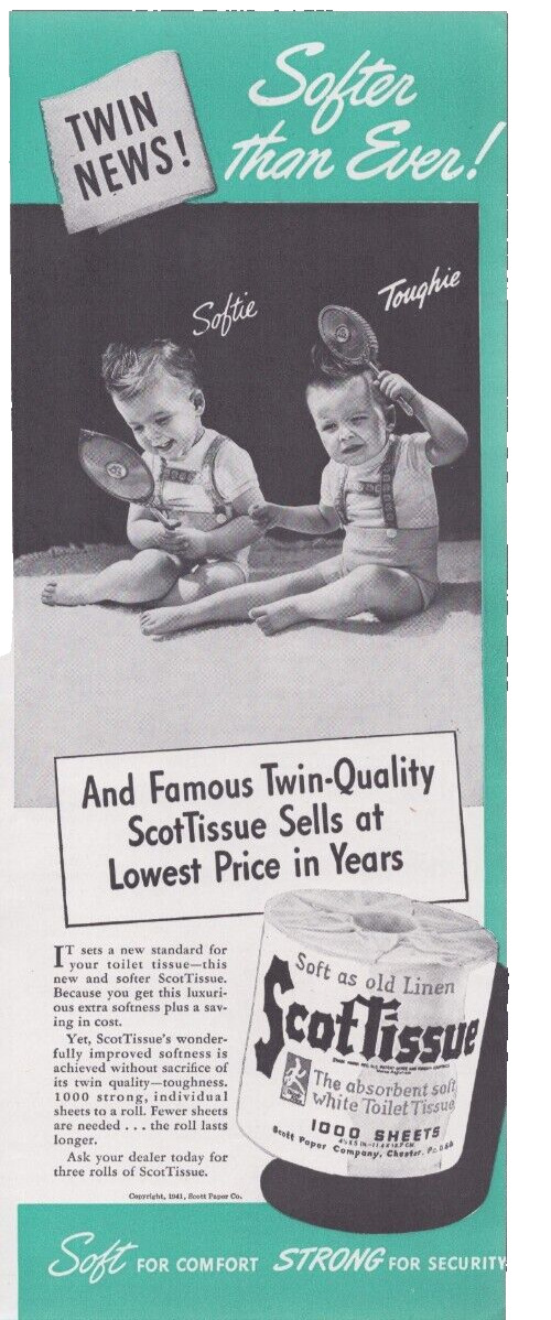 1941 Print Ad  Scot Tissue Soft as Old Linen Twin News Softie Toughie Babies