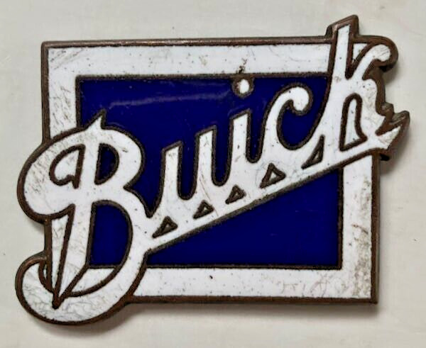 Vintage Buick script emblem badge radiator ornament blue white 1920s Medium size