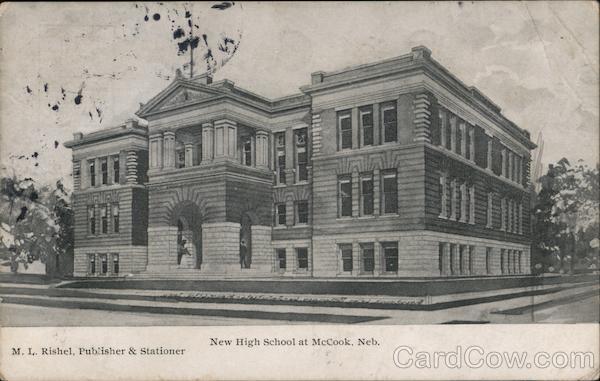 1908 McCook,NE New High School Red Willow County Nebraska M.I. Rishel Postcard