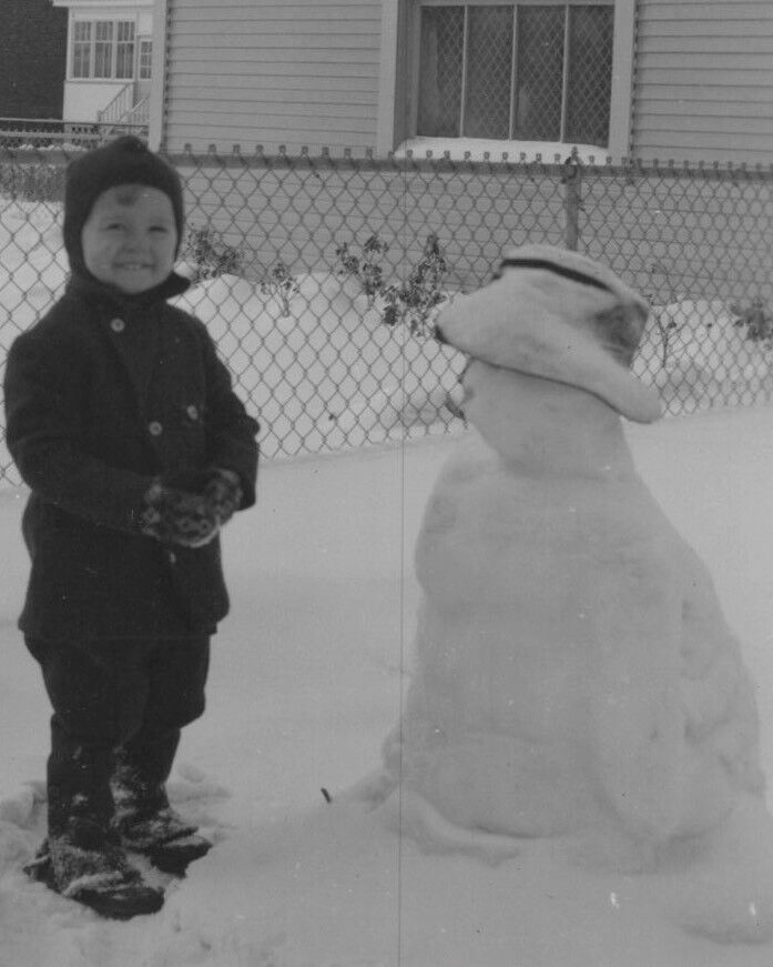 8Y Photograph Portrait Boy Winter Snow Snowman 1940-50’s