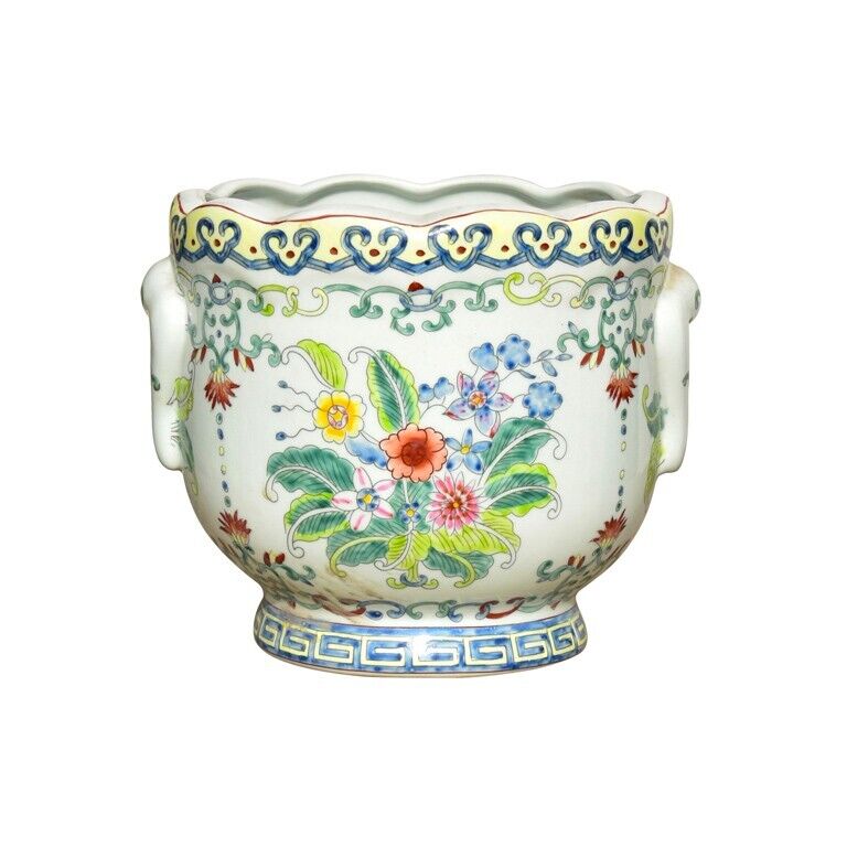 Exquisite Chinoiserie Floral Round Porcelain Planter Wavy Rim