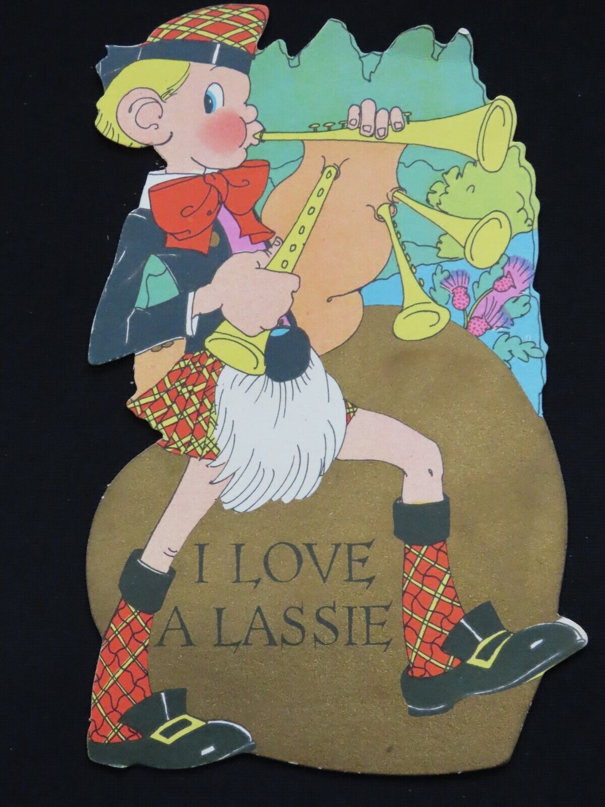 Vintage Valentine Day Card Scottish Lassie Lad Bagpipes Kilt 1920-40s Rare C1511