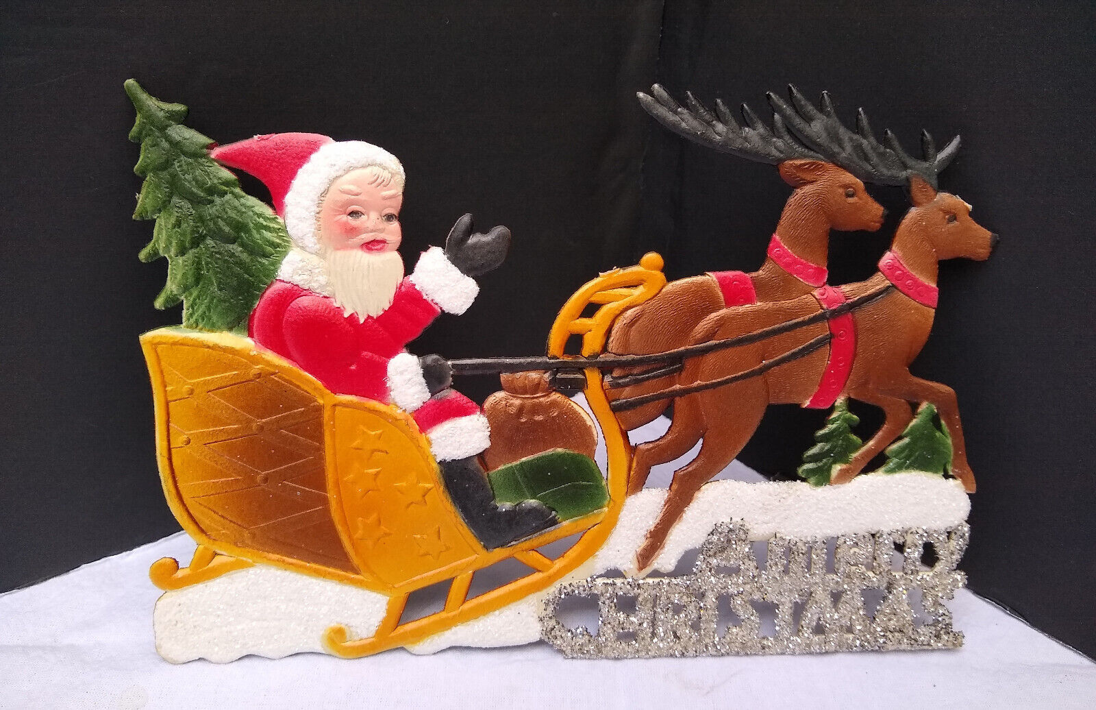 Antique German Embossed Die Cut Cardboard MERRY CHRISTMAS SANTA SLEIGH REINDEER