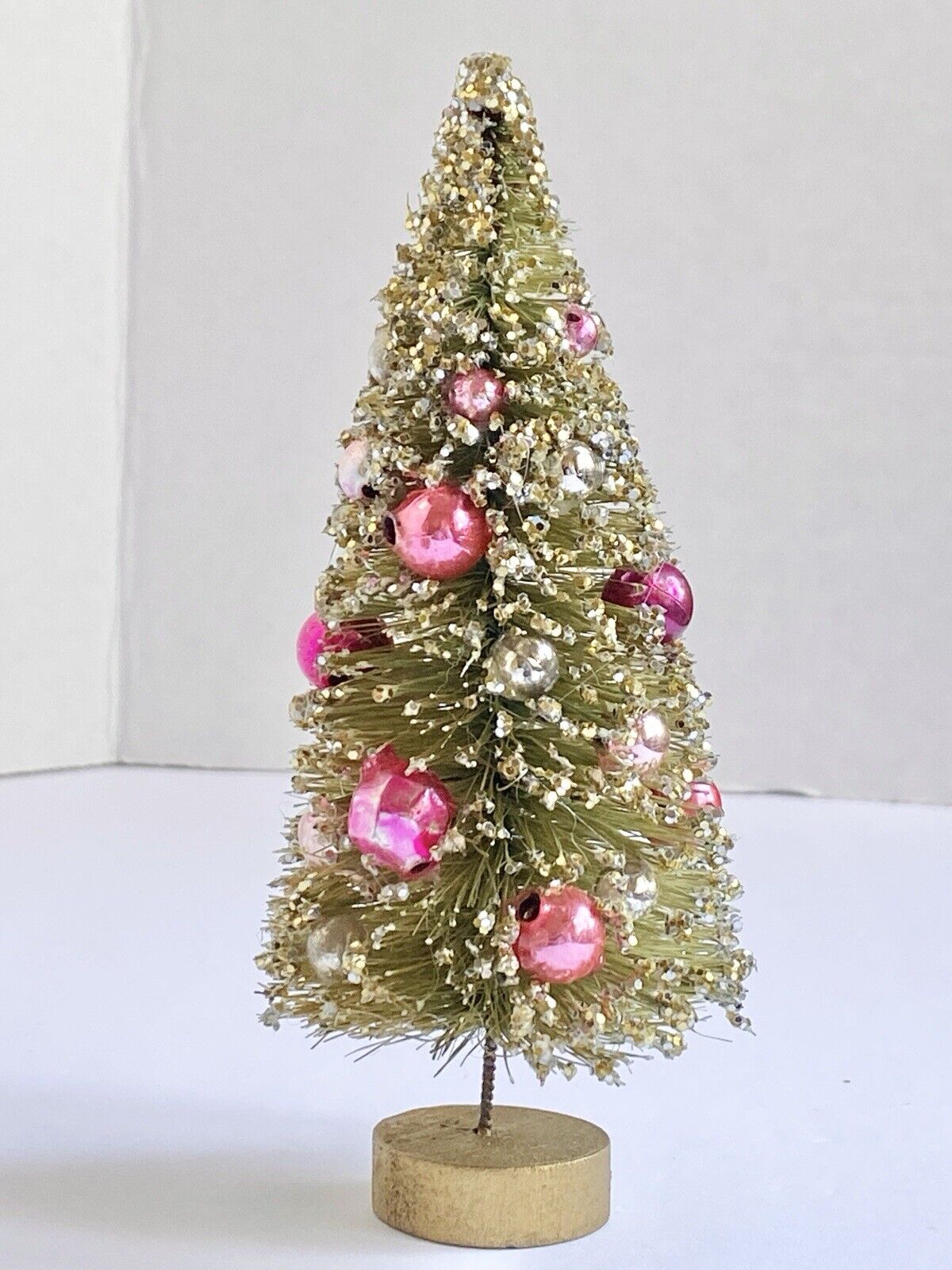 Vintage Bottle Brush Tree Pink Mercury Glass Ornaments Glitter 5.75”