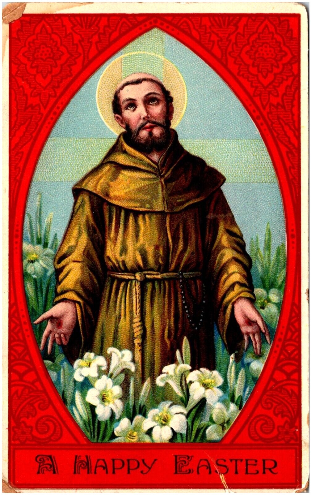 A Happy Easter St. Francis of Assisi Praying Over Lilies 1913 Religious Postcard