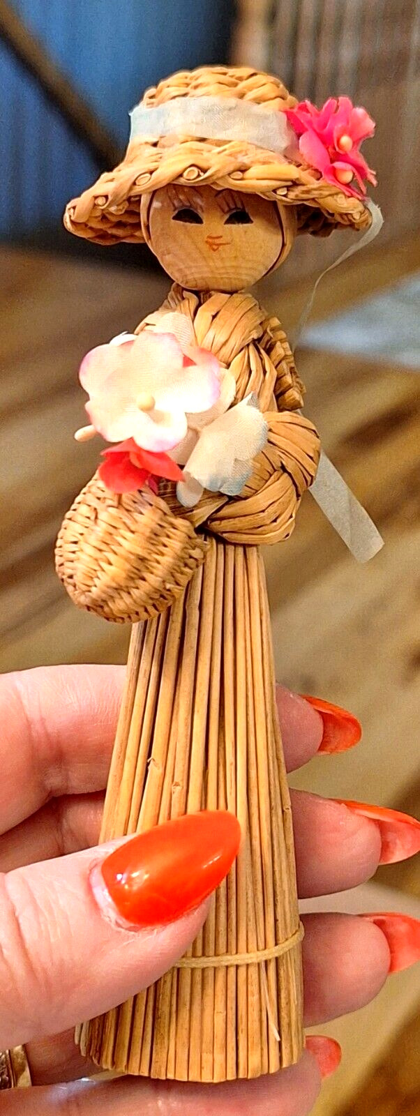 Sweet Vintage Pine Needle Doll Handmade 5.5’’ Lady Basket Flowers Ribbon