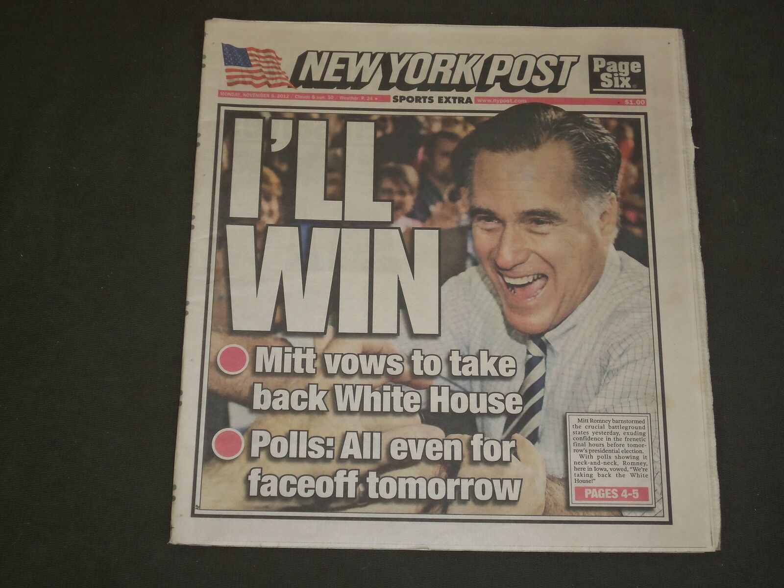 2012 NOVEMBER 5 NEW YORK POST NEWSPAPER - MITT ROMNEY - I\'LL WIN THE ELECTION