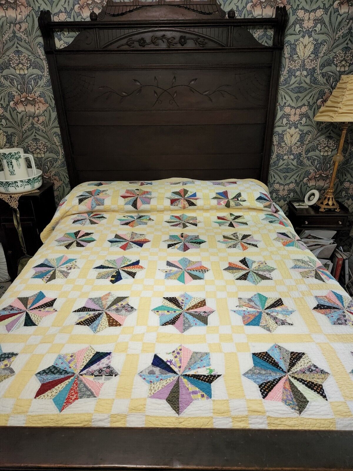 Yellow and Vintage Fabrics 8 Star Full Handstiched Quilt Antique Beautiful 