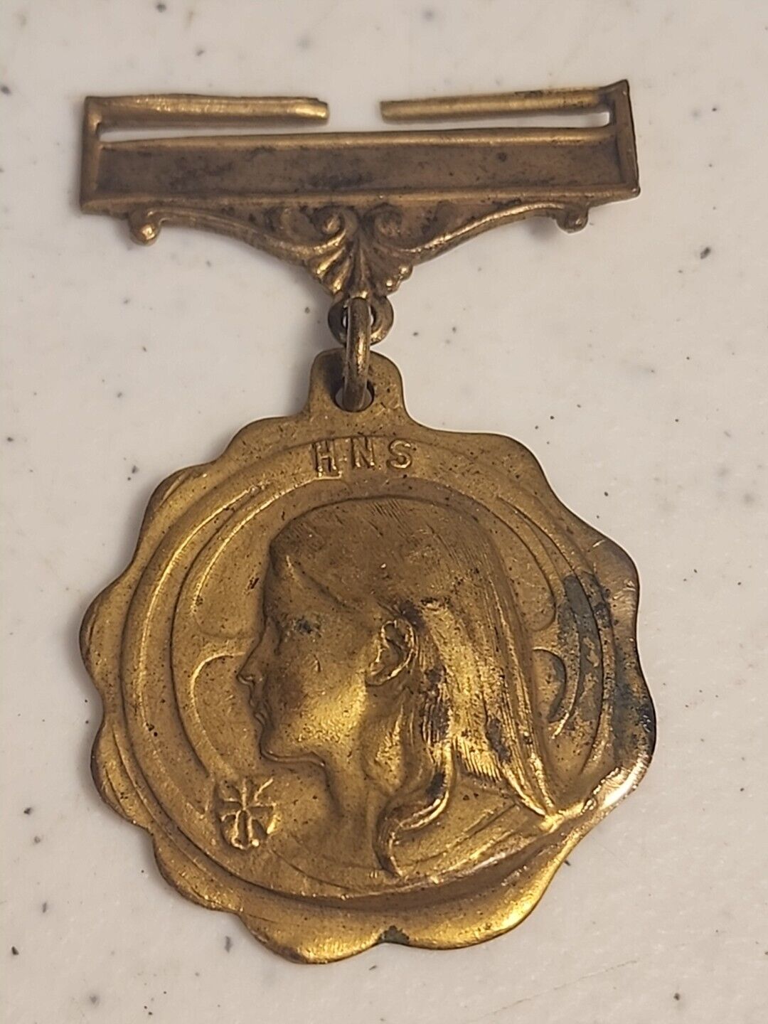 Vintage Catholic HNS Holy Name Society Gold Tone Religious Medal