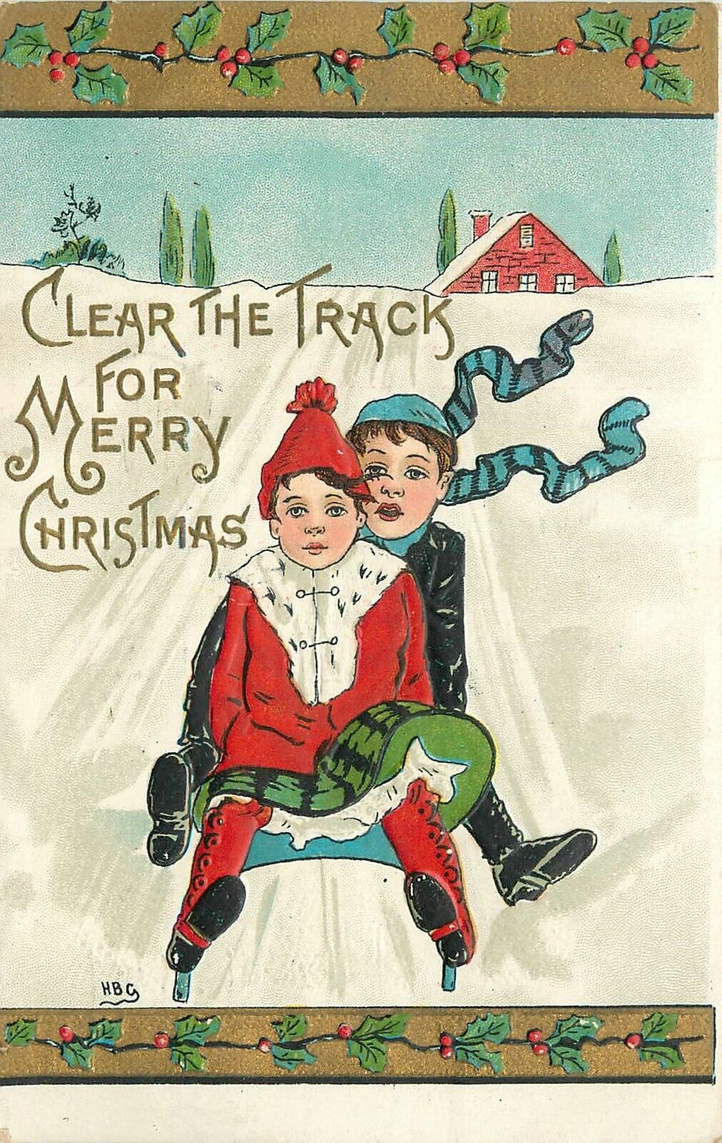 Postcard 1910 HBG Winter Children Sled Christmas Artist impression 23-3954