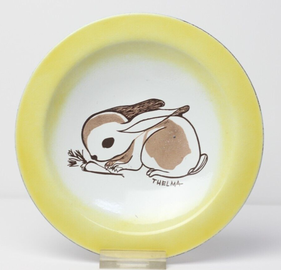 Thelma Winter Enamel on Copper Dish Bunny Rabbit with Carrot, 1960 United States