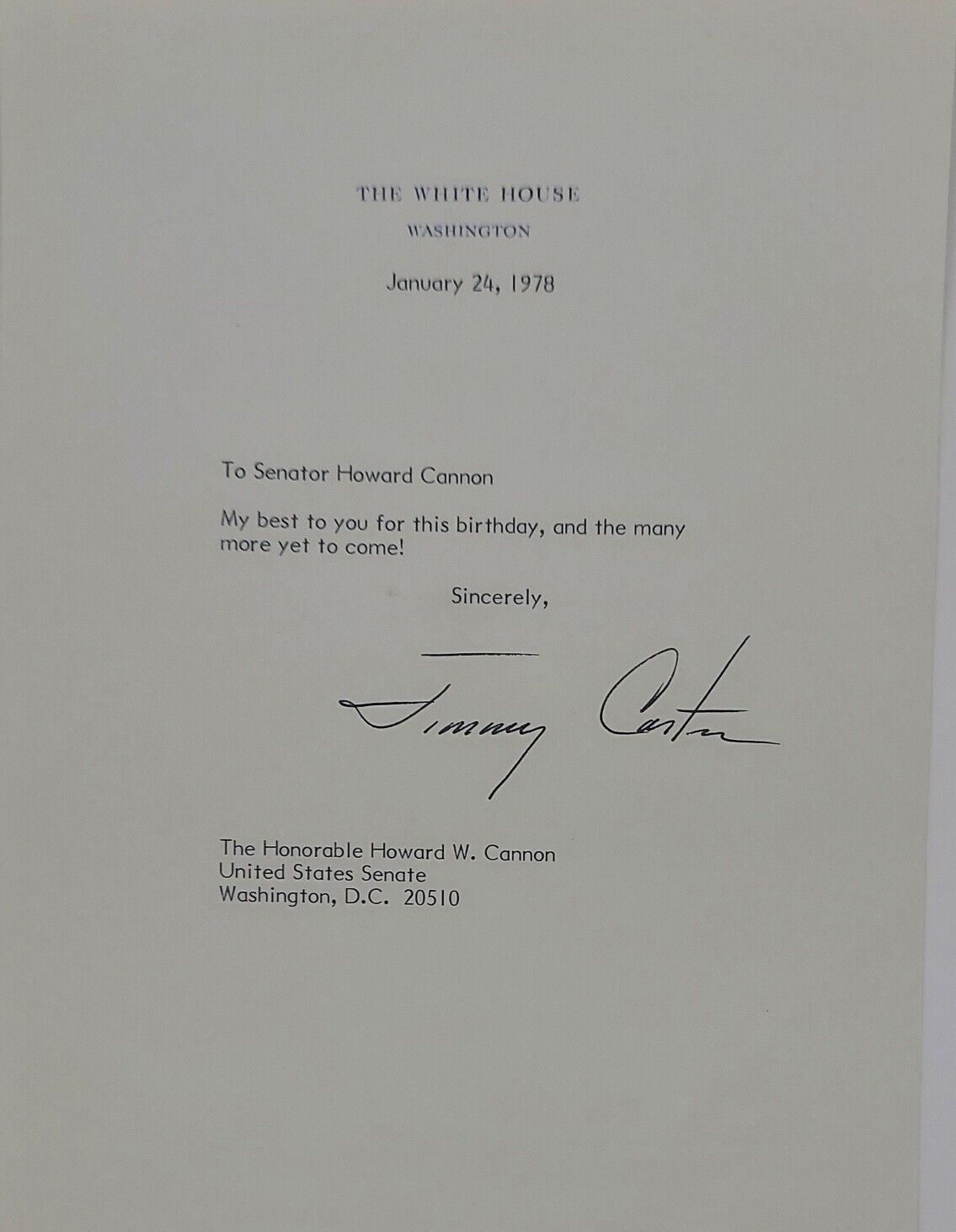 President Jimmy Carter Signed White House Letter Full Signature 