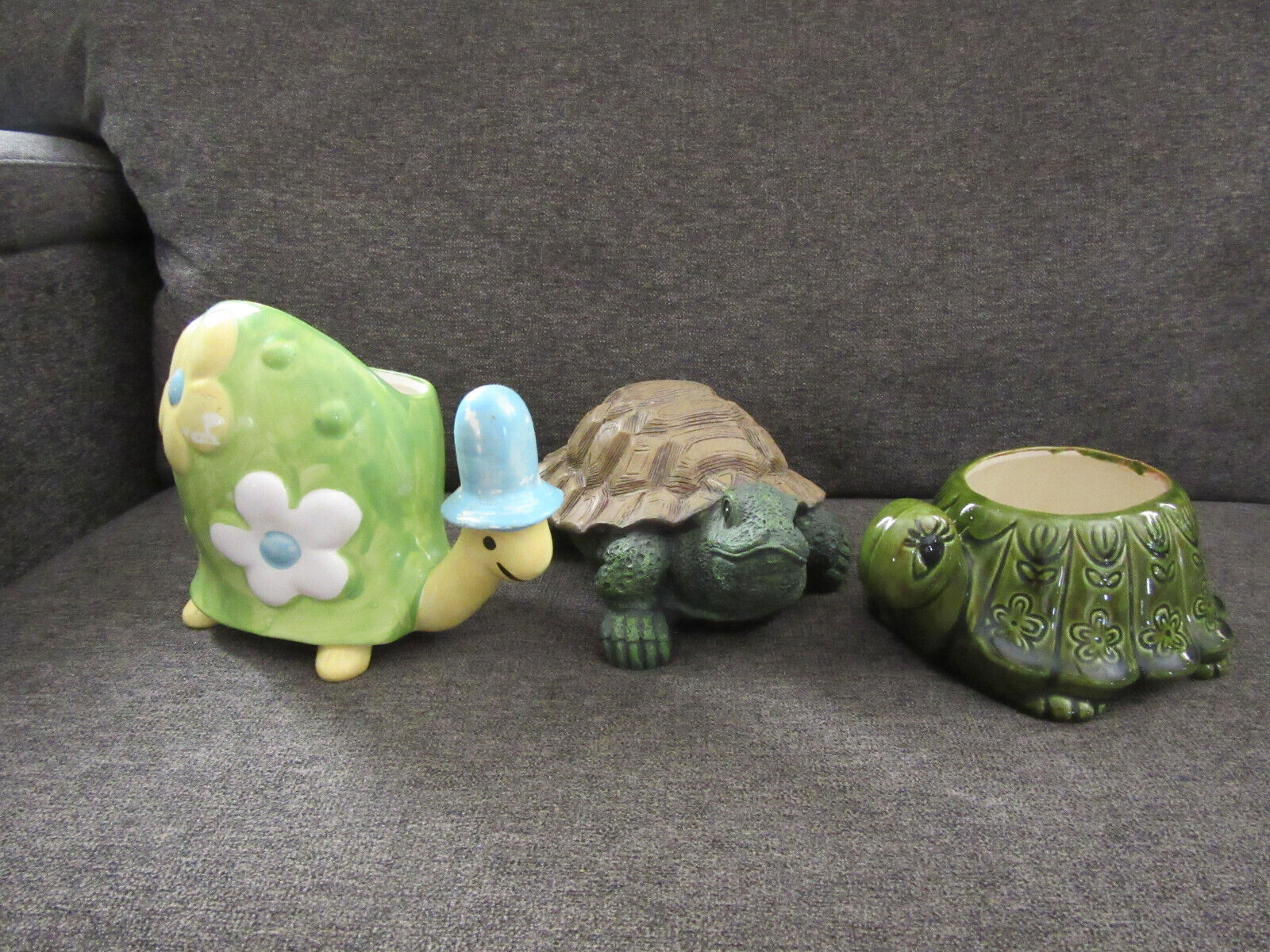 Turtle planters(2) and figure, group of 3, preowned, 