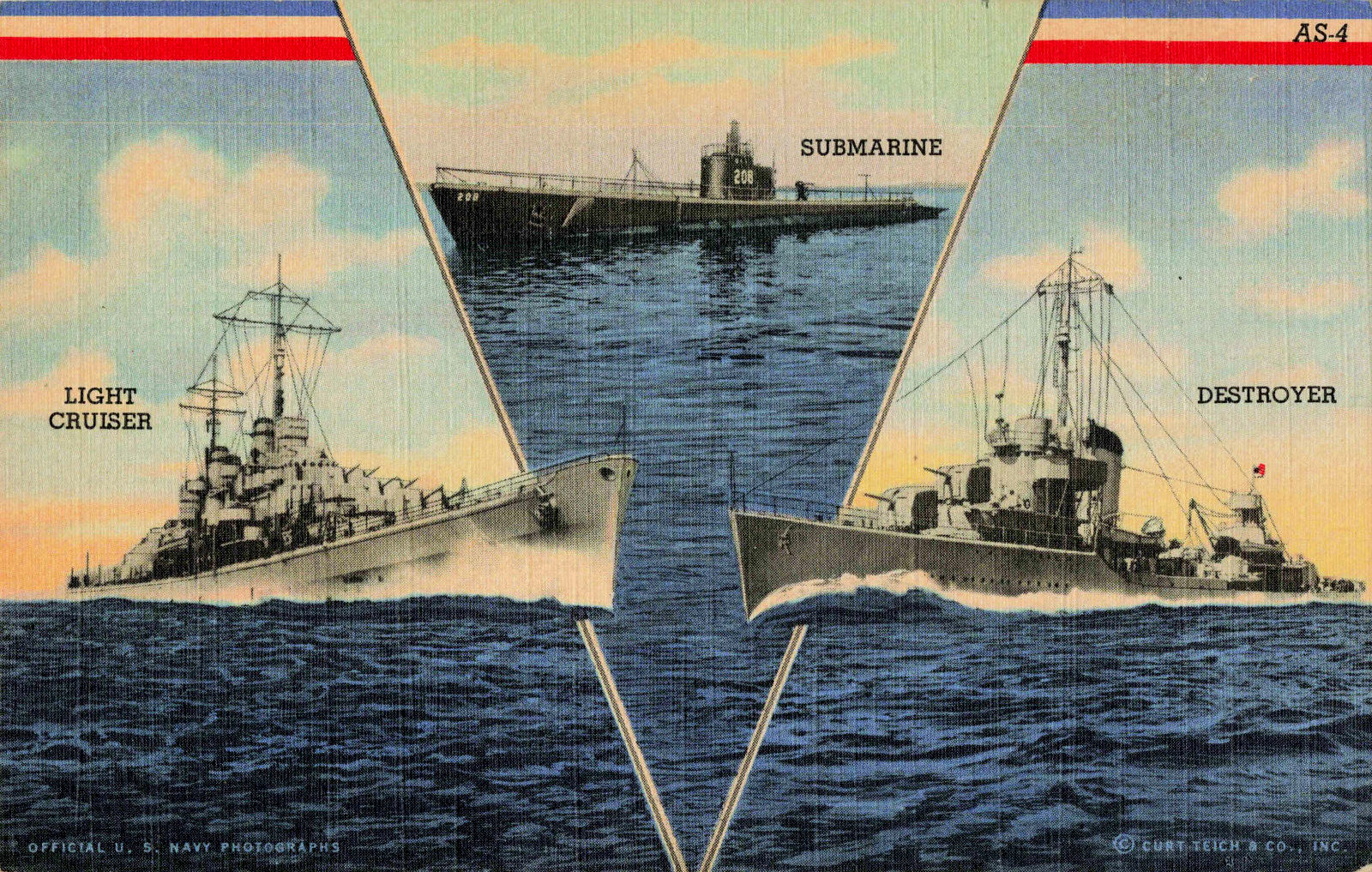 WW2 US Action Series Linen Postcard US Navy Submarine, Light Cruiser & Destroyer