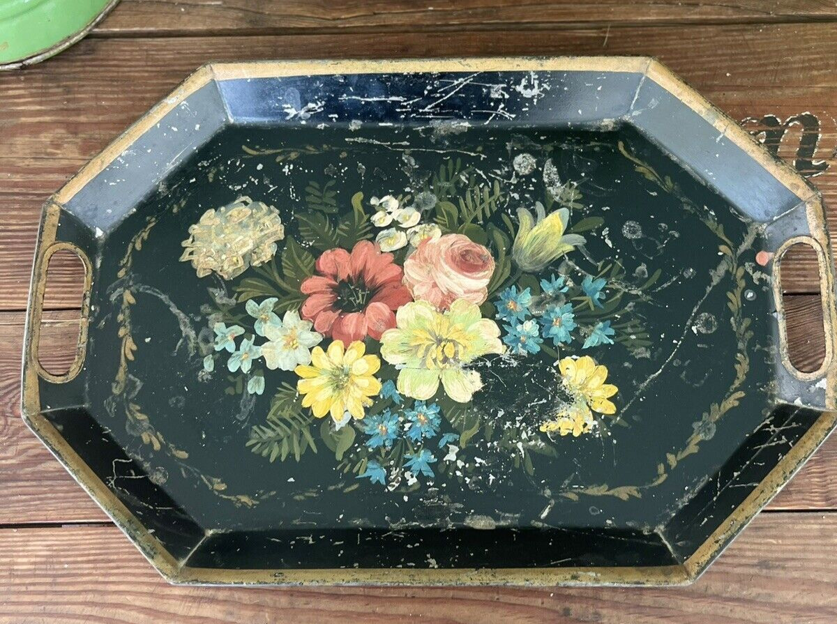 Antique Victorian Tole Hand Painted Handled Tray Floral Scene 18.5