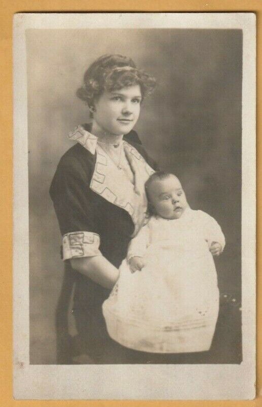 Antique Real Picture Postcard Young Mother Surprised Baby, Modern Style, Welston