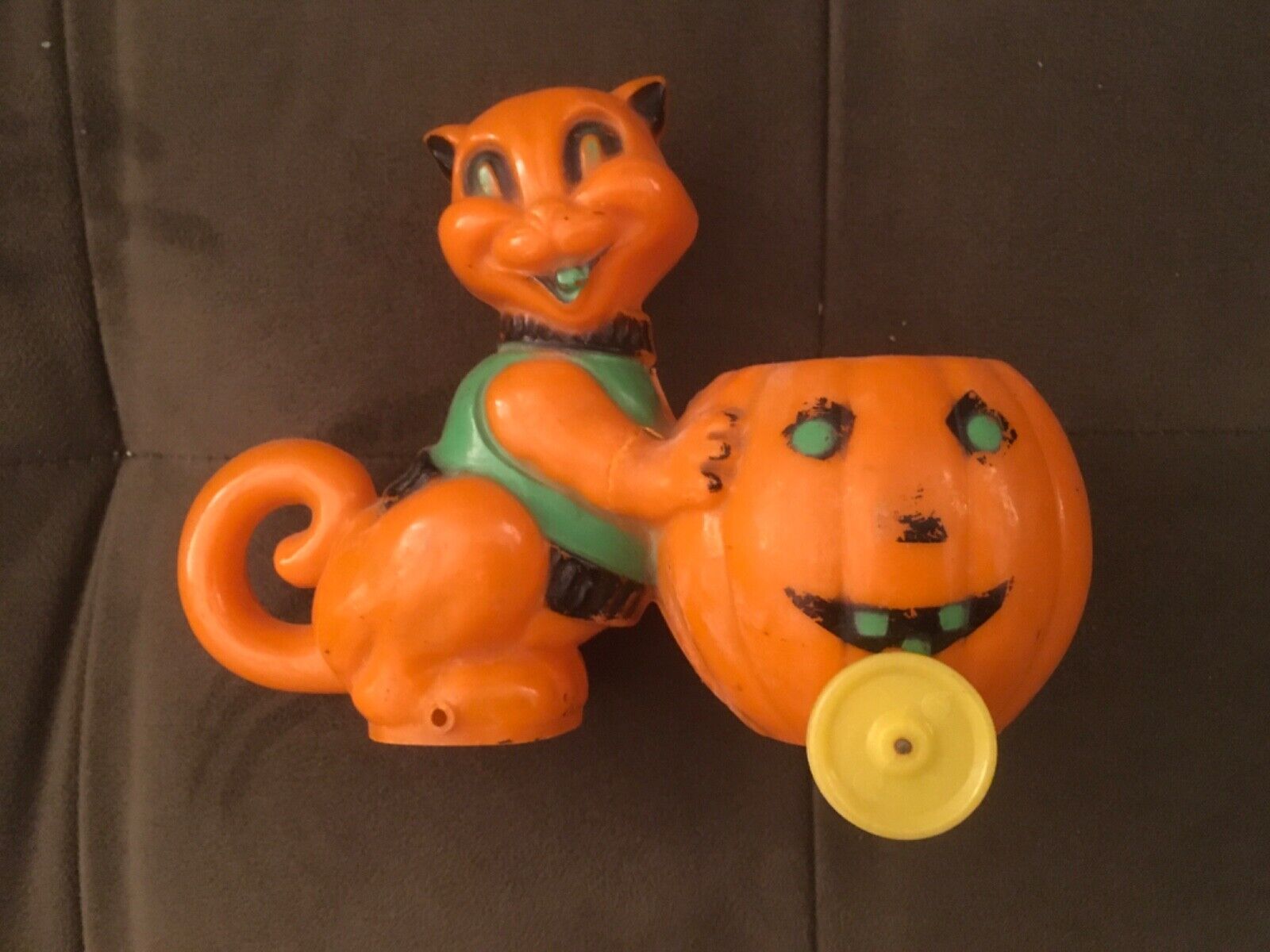 Vintage Rosbro Orange Plastic Halloween Cat with Wheels