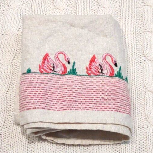 Vintage Pink Swans Embroidered Linen Dishcloth Towel