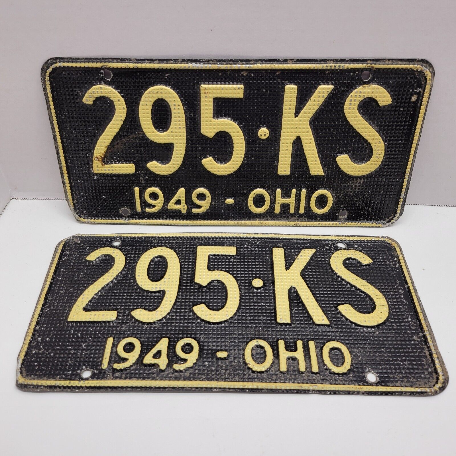 VTG 1949 Ohio License Plates Set Pair Tag 295 KS Aluminum Waffle Original Paint