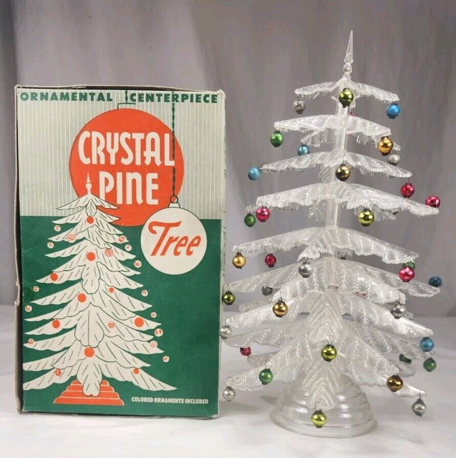 Vintage Peerless Crystal Pine Christmas Tree  Plastic Centerpiece 1950s w/ Box