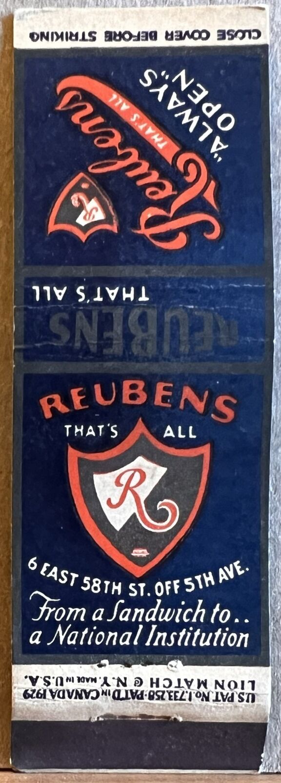 Reubens Restaurant New York City NY Vintage Matchbook Cover
