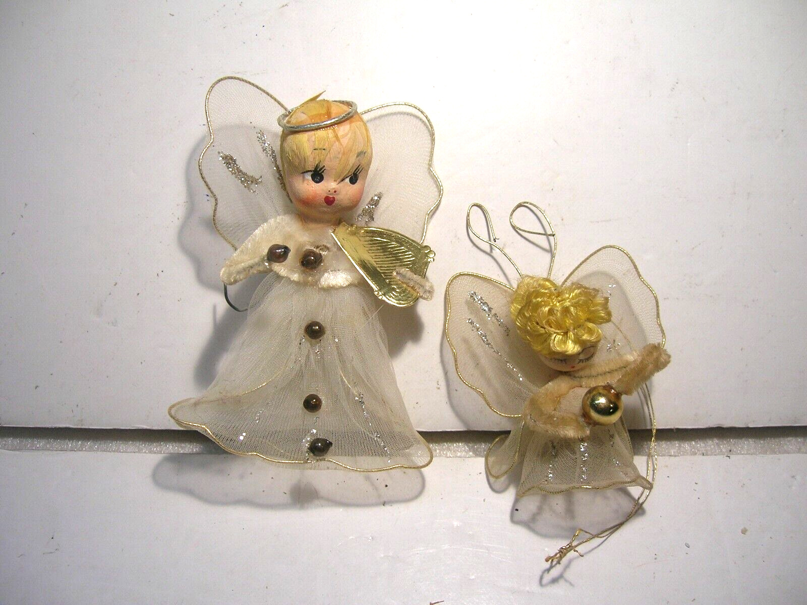 Vintage Two 1960s Christmas Tulle Wing Angel Ornaments 