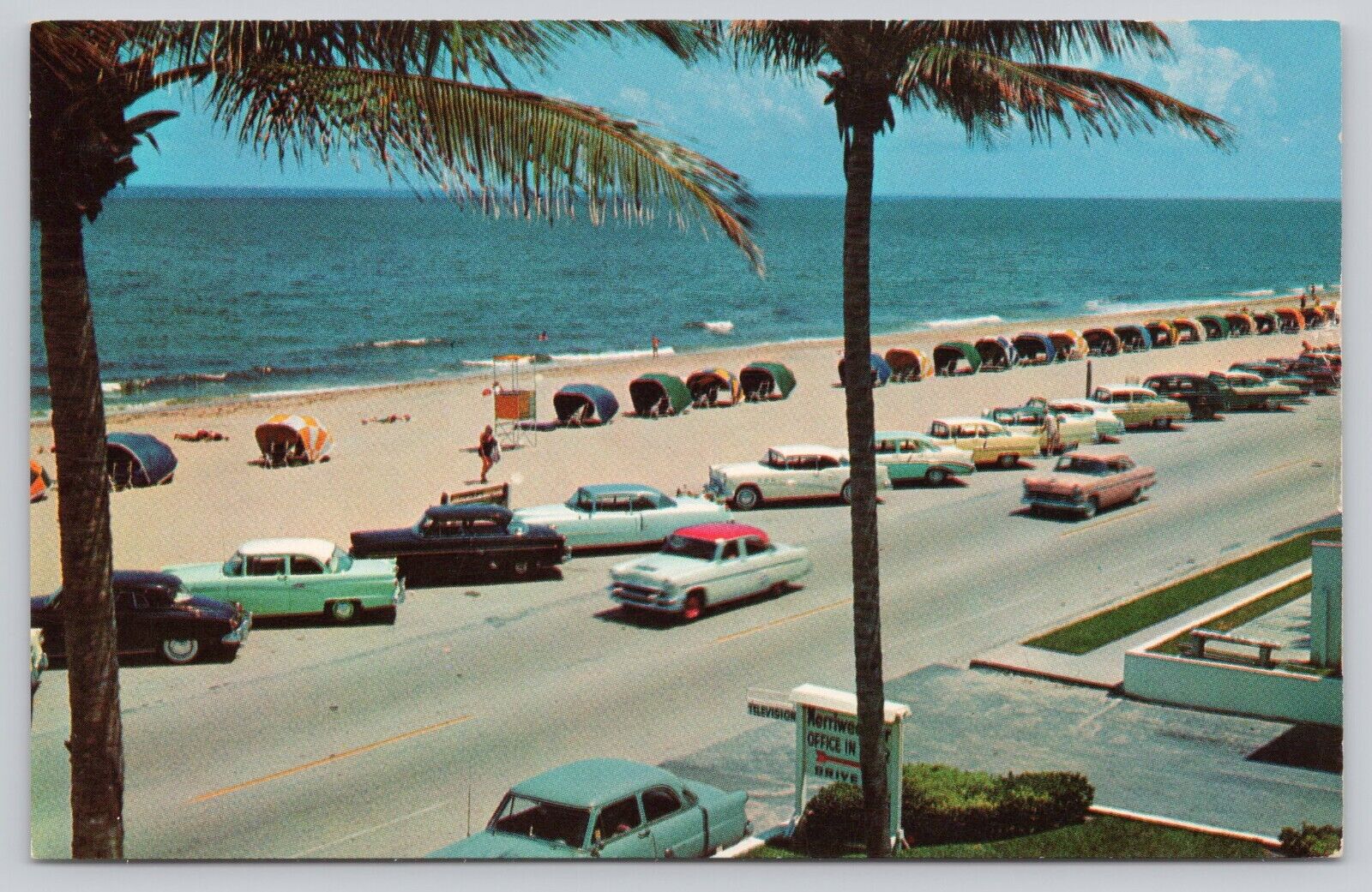 Beach & Cars at Fort Lauderdale Florida Vintage Postcard