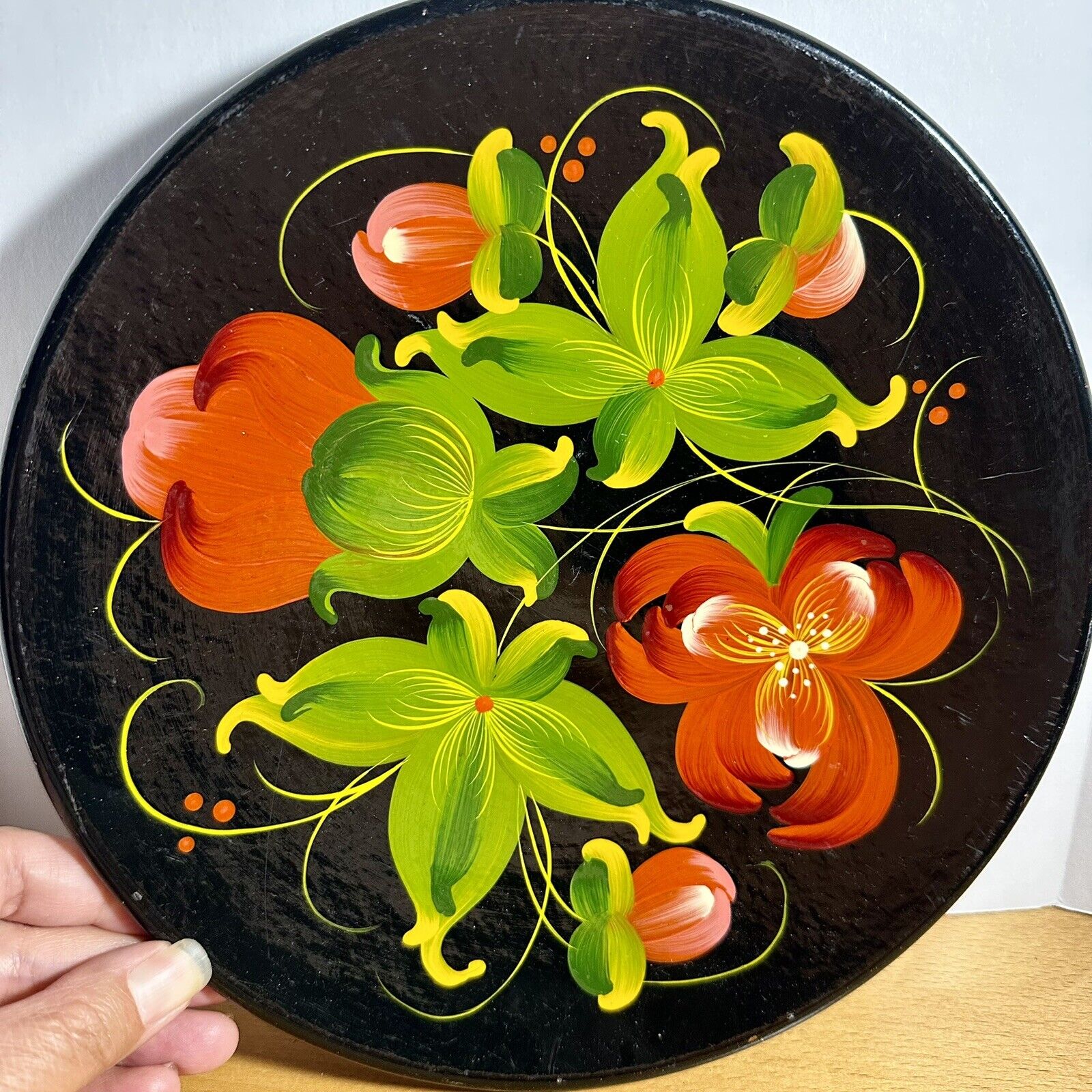 Vintage Hand Painted Wooden Plate Folk Floral USSR Ukraine Flowers